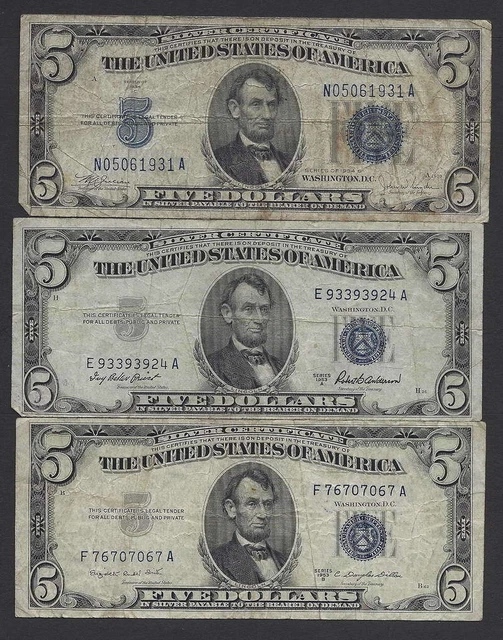 LOT, Three $5 Silver Certificates, Mixed Series, Circulated