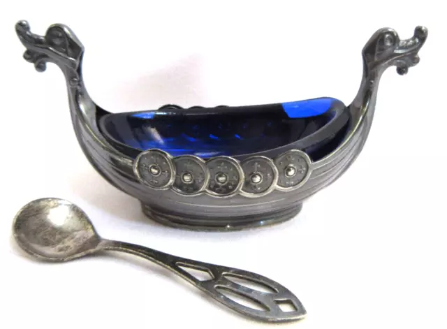 Magnus Aase Norway Sterling Silver Gondola Salt Cellar Boat Blue Glass VGUC