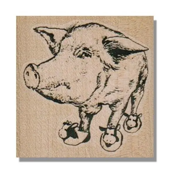 Mounted Rubber Stamp, Pig In Cow Slippers, Piggy Hog Cow Shoes Funny Farm Animal