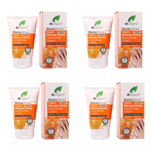 Crema de manos y uñas miel Dr Organic Manuka para piel seca 125 ml x 4