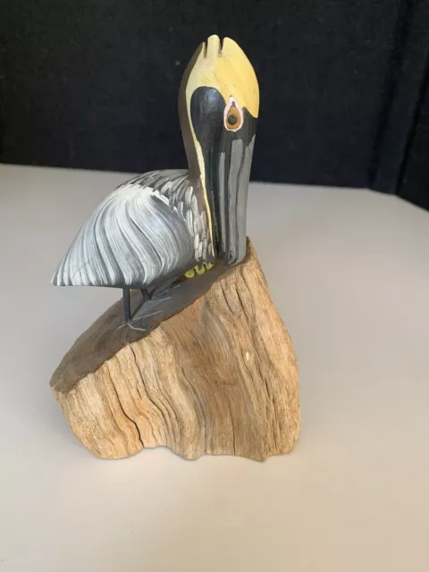 Hand Carved Pelican Coastal Sea Ocean Bird Wood Sculpture Tropical Island Art