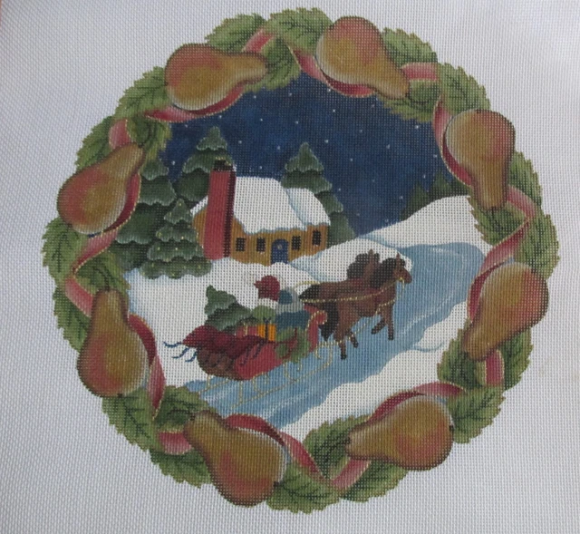 VTG Wreath Sleigh Pears MELISSA SHIRLEY HANDPAINTED NEEDLEPOINT CANVAS MSD 190