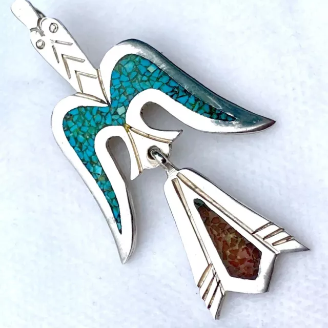 Navajo Sterling Silver Turquoise Coral Chip inlay Pin Pendant Peyote Thunderbird