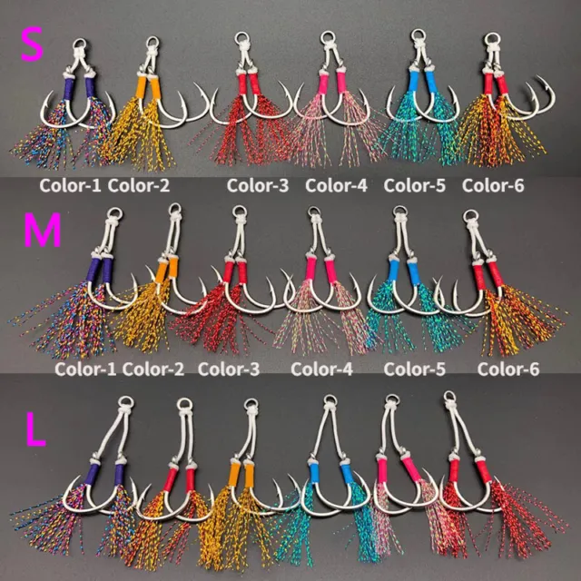 10 Pairs Double Barbed Assist Fishing Hooks Metal Jig Lure Size 1/0-5/0 6 Color