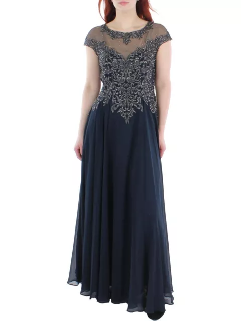 Xscape Womens Navy Embellished Illusion Evening Dress Gown 6 NWT