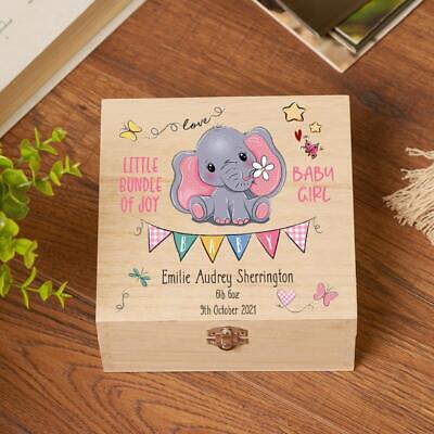 Personalised Wooden Baby Girl Keepsake Memory Box With Cute Elephant SHB-UV4