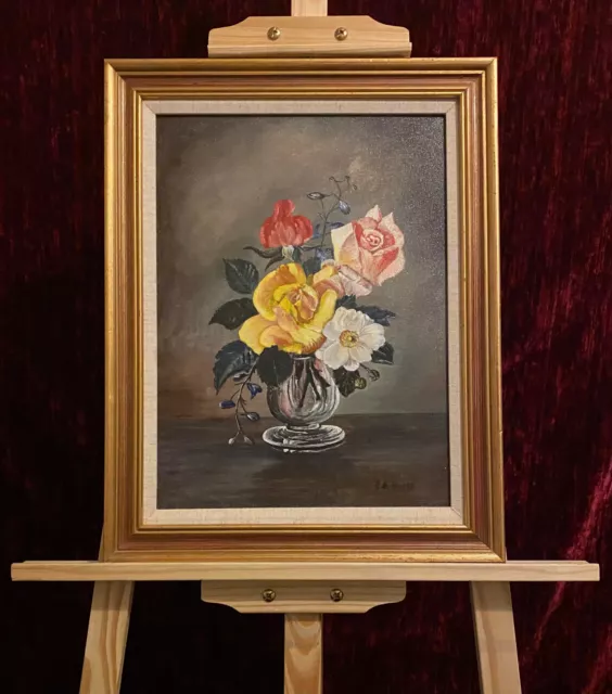 Vintage oil painting Flowers In Vase art signed by artist