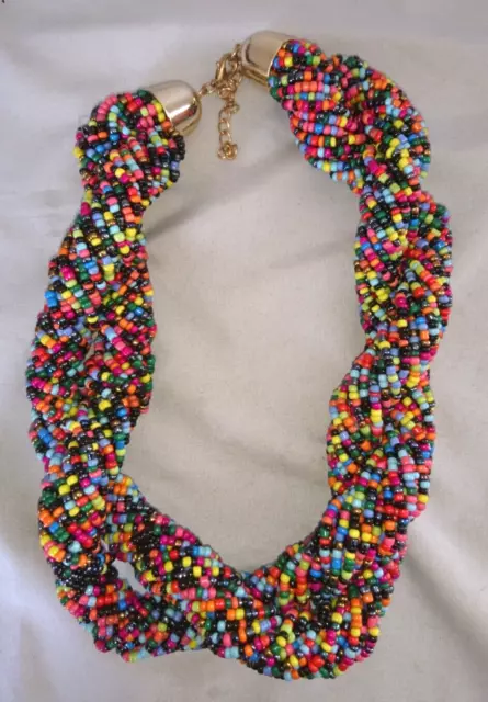 Vintage Bijou Collier Africain En Perle Rocaille Multicolore Fait Mains