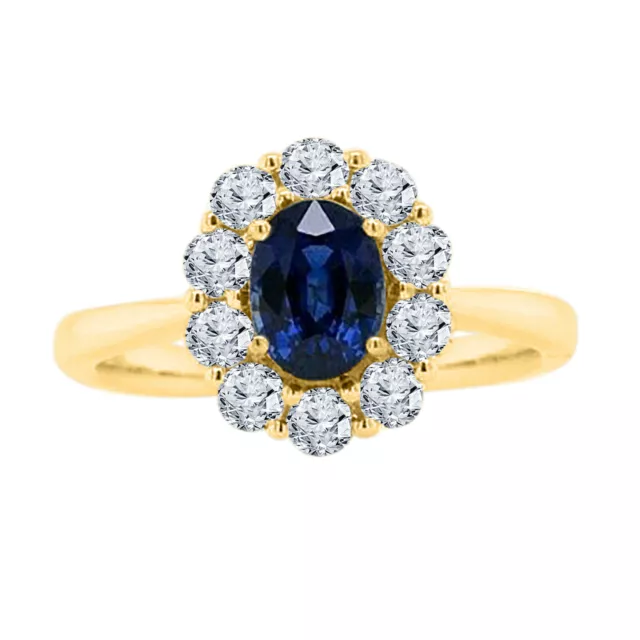 14K Jaune Plaqué Coupe Ovale Simulé Saphir Bleu & Zircone Bague de Fiançailles