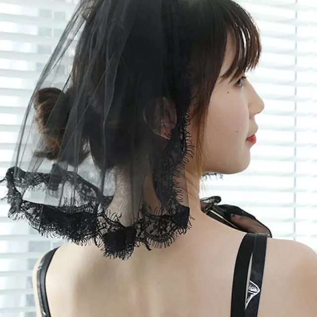 Bridal Veil with Comb 1 Black Short Sheer Tulle with Delicate Lace Trim