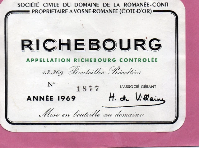 Étiquette Richebourg 1969 – Domaine Romanée Conti – N°1877 – Décolletée Superbe
