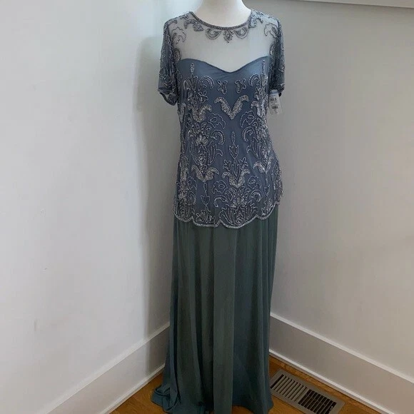 Pisarro Nights Womens Silver Mock Two-Piece Beaded Bodice Evening Long Dress 6
