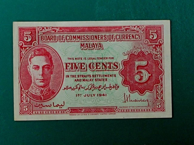 MALAYA 5 CENTS BANKNOTE Board of Commissioners of Currency 1941 VF