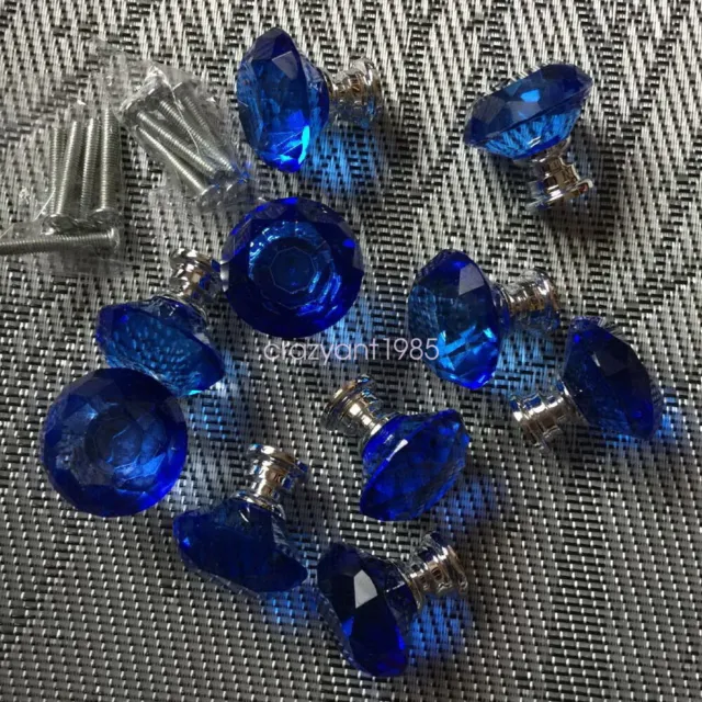 10pcs Crystal Glass Kitchen Cabinet Drawer Pull Handle Knobs Hardware Blue