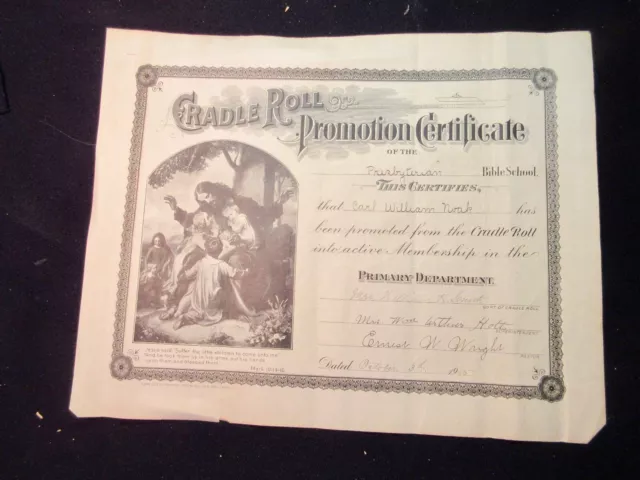 1906 Cradle Roll Promotion Certificate Presbyterian Lena Wisconsin Dated 10/1915