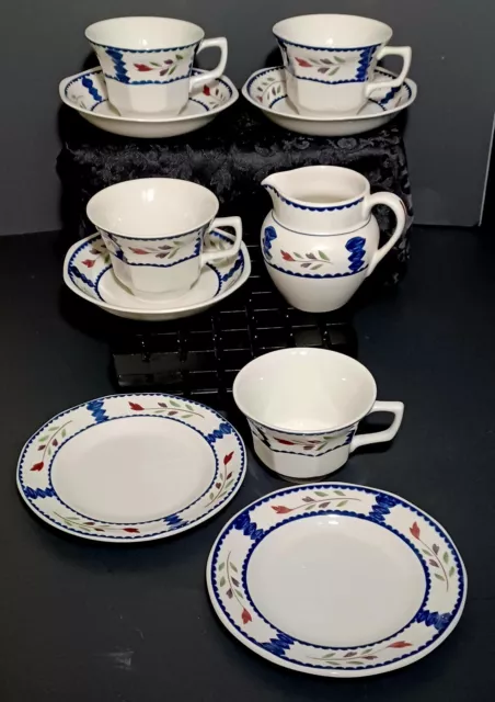 Adams China Lancaster 10 Pieces,Cups & Cream Soup Saucers, Creamer, 2 B&B Plates