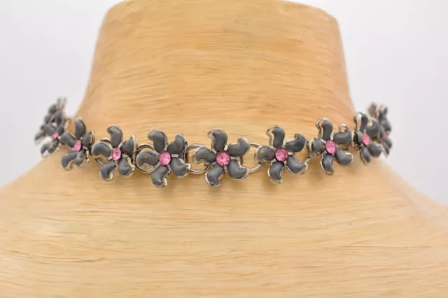 Vintage Flower Choker Necklace Linked Gray Pink Rhinestone Crystal Silver 9J