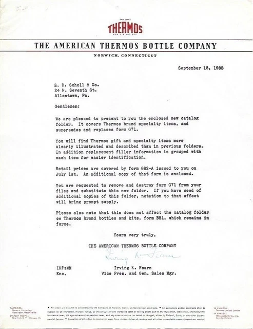 The American Thermos Bottle Company PA 1938 Letterhead