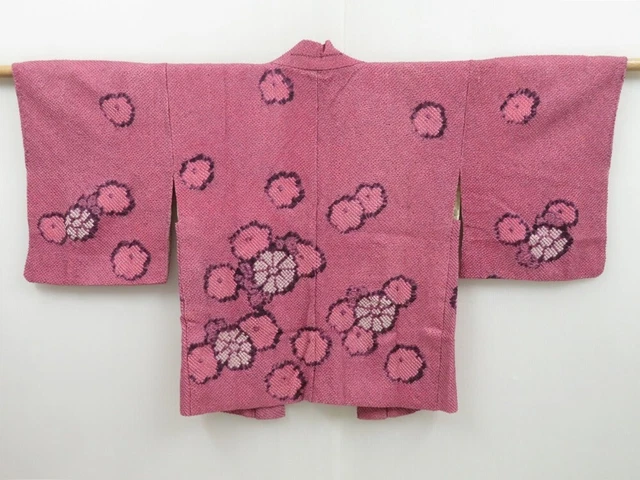 3131T09z540 Vintage Japanese Kimono Silk SHIBORI HAORI Flower Pink-Purple