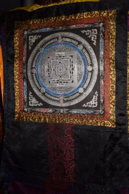 Thangka Mandala, Tibet, Seidenbrokat, Silber Miniaturmalerei, Drachen, 106x86cm