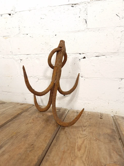 Vintage Antique Wrought Iron French Butchers Hanging 4 Hooks Utensil Pot Rack