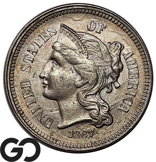 1867 Three Cent Nickel Piece, Lustrous Choice BU++ ** Free Shipping!