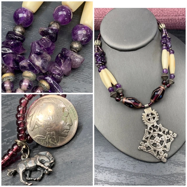 Amethyst ￼Ethiopian Orthodox Coptic  Cross Pendant Necklace Buffalo Nickel Clasp