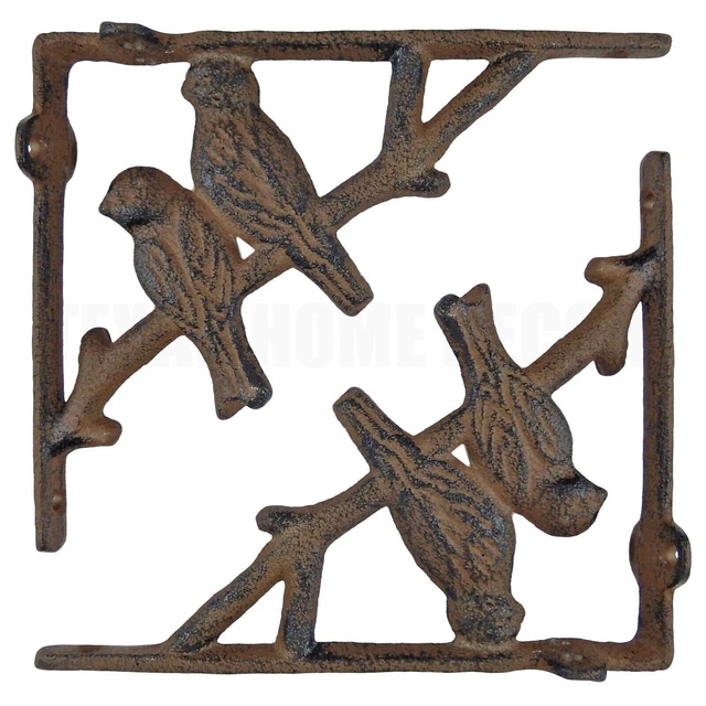 2 Bird on Tree Branch Shelf Brackets Corner Braces Corbels Rustic Iron Brown 7"