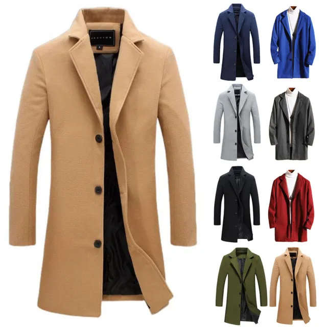Men Winter Lapel Woolen Long Trench Coat Cardigan Jacket Slim Outwear Overcoat