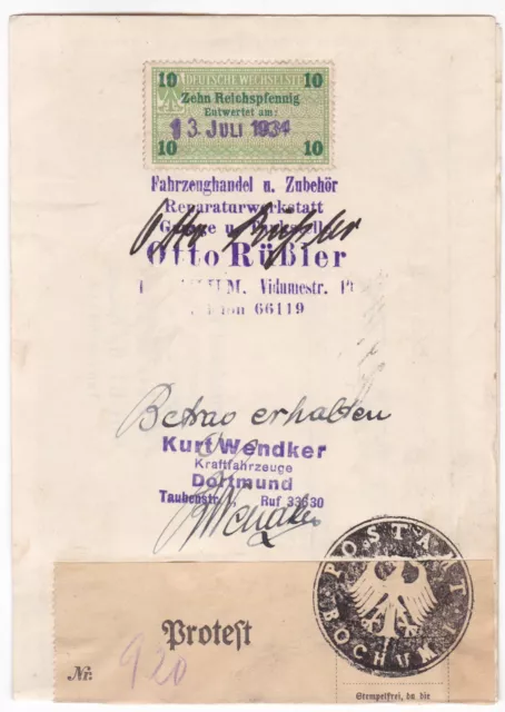 Change with protest post office Bochum 1934 Rüssler Wendker car exchange tax brand