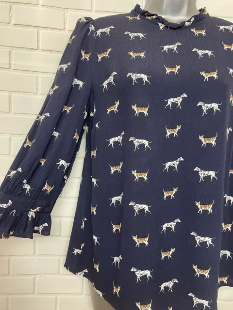 OASIS 10 Vgc Blue Cross Navy Dog/Cat Print 3/4 Sleeve Frill Top, Limited Edition 3