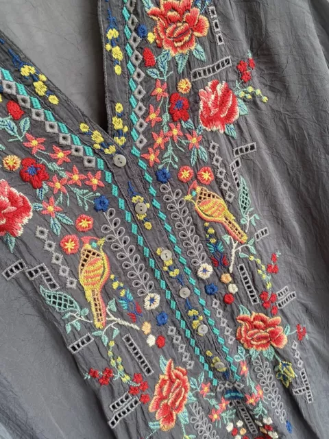 Johnny Was Embroidered voile Tunic Shirt size L Large Birds Flowers brown boho