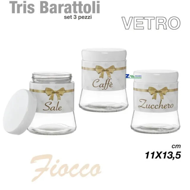 Set 3x Barattoli Da Cucina Tris Barattoli Da Cucina Utilissimi Caffe'  Zucchero Sale Vaso in Vetro Con Coperchio per Condimenti Oro 750 Ml Made in  Italy 
