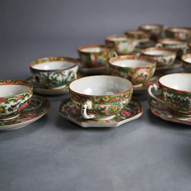 21 Antique Chinese Rose Medallion Porcelain Tea Cups & 20 Saucers C1900 3