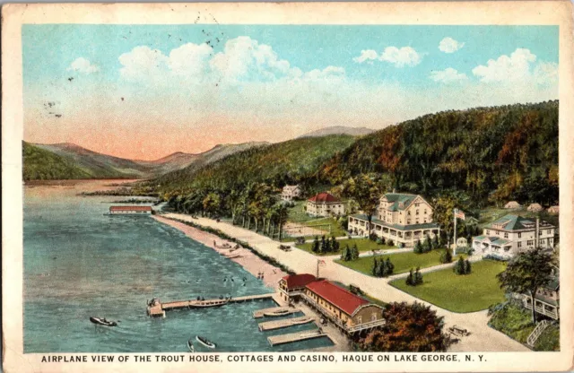 Aerial View of Trout House, Cottages, Casino, Haque Lake George NY Postcard R50