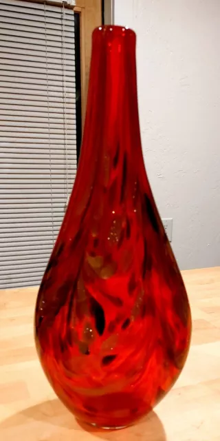 Hand Blown Art Glass 14.5” Vase, Red w/Multi-Colored Swirls, MCM Pier 1