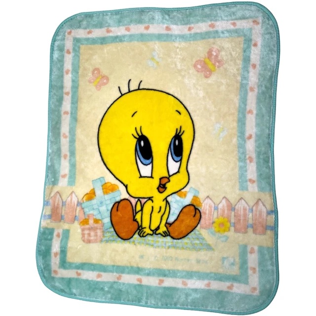 VTG LOONEY TUNES Tweety Bird Baby Blanket 2000 Warner Bros Picnic Green