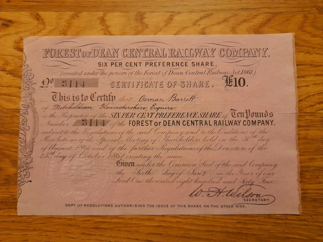 Forest Of Dean Railway £10 Share Certificate 1864 Superb Condition Free UK P&P