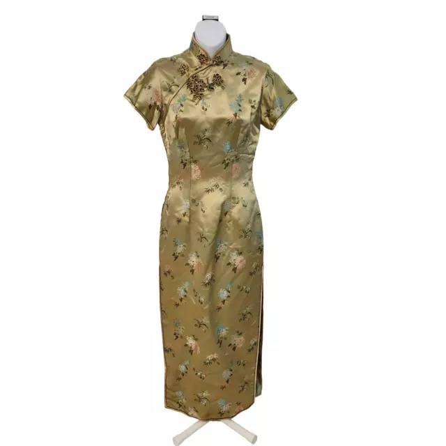 Peony Brand Shanghai Yellow Floral Dress Traditional Mandarin Asian Size 34