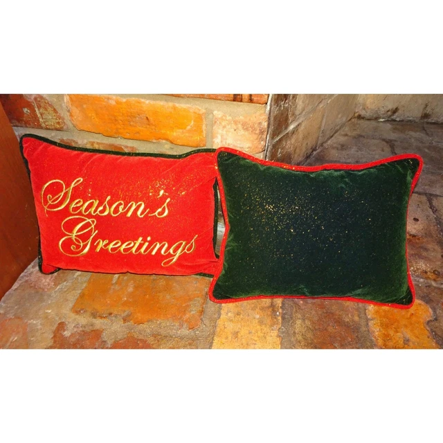 Par de almohadas vintage rojas y verdes de terciopelo retro kitsch vacaciones