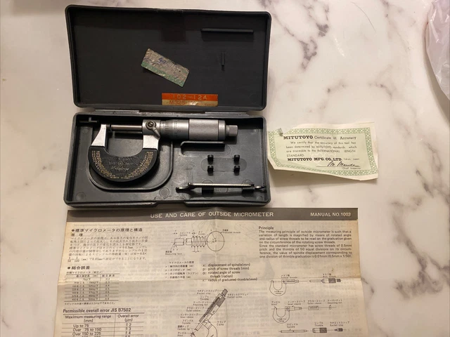 Vintage 1985 Mitutoyo OD Mic No. 102-124 0-1" Outside Micrometer