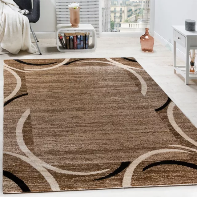 Wohnzimmer Teppich Bordüre Kurzflor Meliert Modern Hochwertig Schwarz Braun