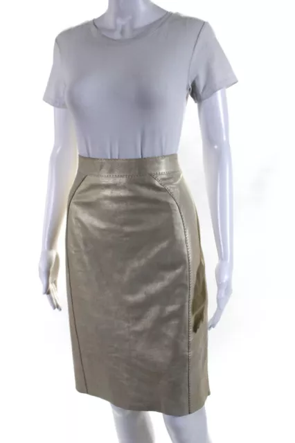 Elie Tahari Womens Leather Knee Length Pencil Skirt Gold Metallic Size 8 2