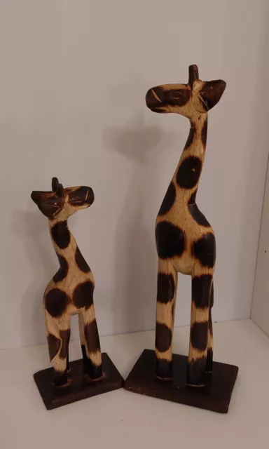 Set Of 2 Hand Carved Free Standing Wood Giraffes Small And Large