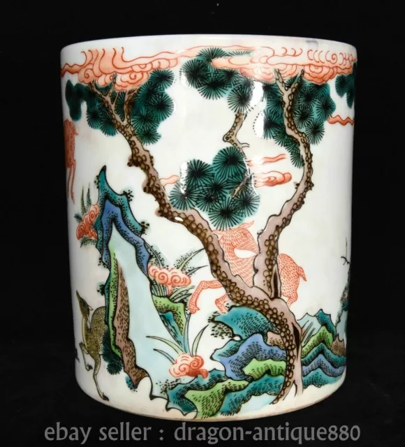 6.6" Old China Qianlong Marked Wucai Porcelain Deer Crane Brush Pot Pencil Vase