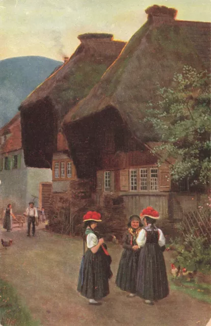 Postcard Art Village Street in Black Forest Dorstrasse im Schwarzwald Germany