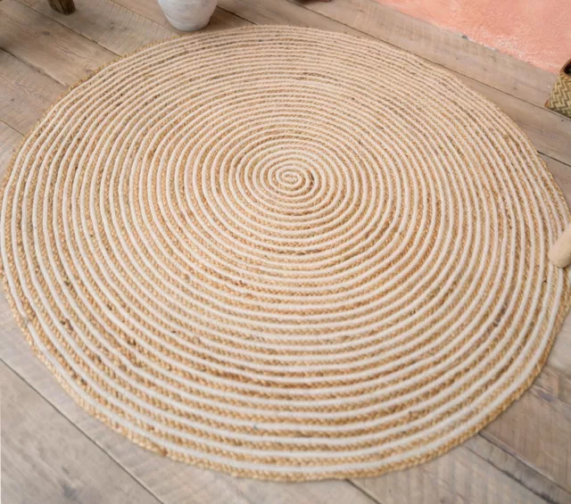 Large Round Braided Rug Cream Beige Natural Stripe Jute Cotton Indian Handmade