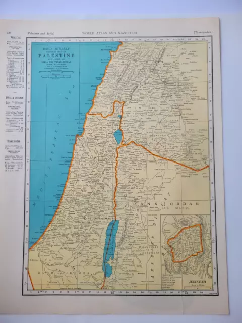 Palestine Transjordan Jerusalem WWII Rand McNally 1942 2-Sided Map ~11x14"