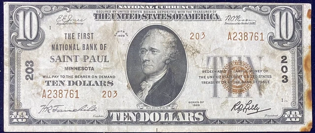 1929 Ten Dollar Bill $10 National Currency Note High  Grade AU with Spots #9618