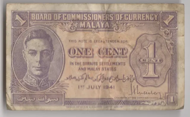 1941 Malaya 1 Cent Banknote George VI